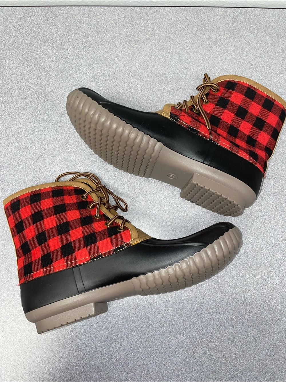 Simply Southern Red and Black Buffalo Plaid Duck Boots with Brown Trim